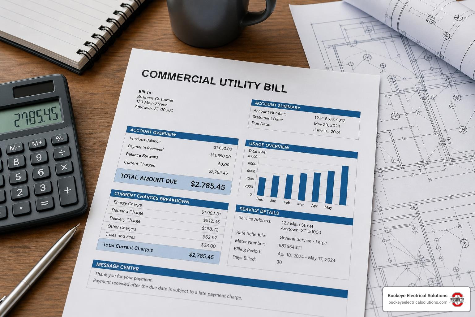 commercial utility bill statement on desk with calculator and electrical plans commercial utility bill statement on desk with calculator and electrical plans