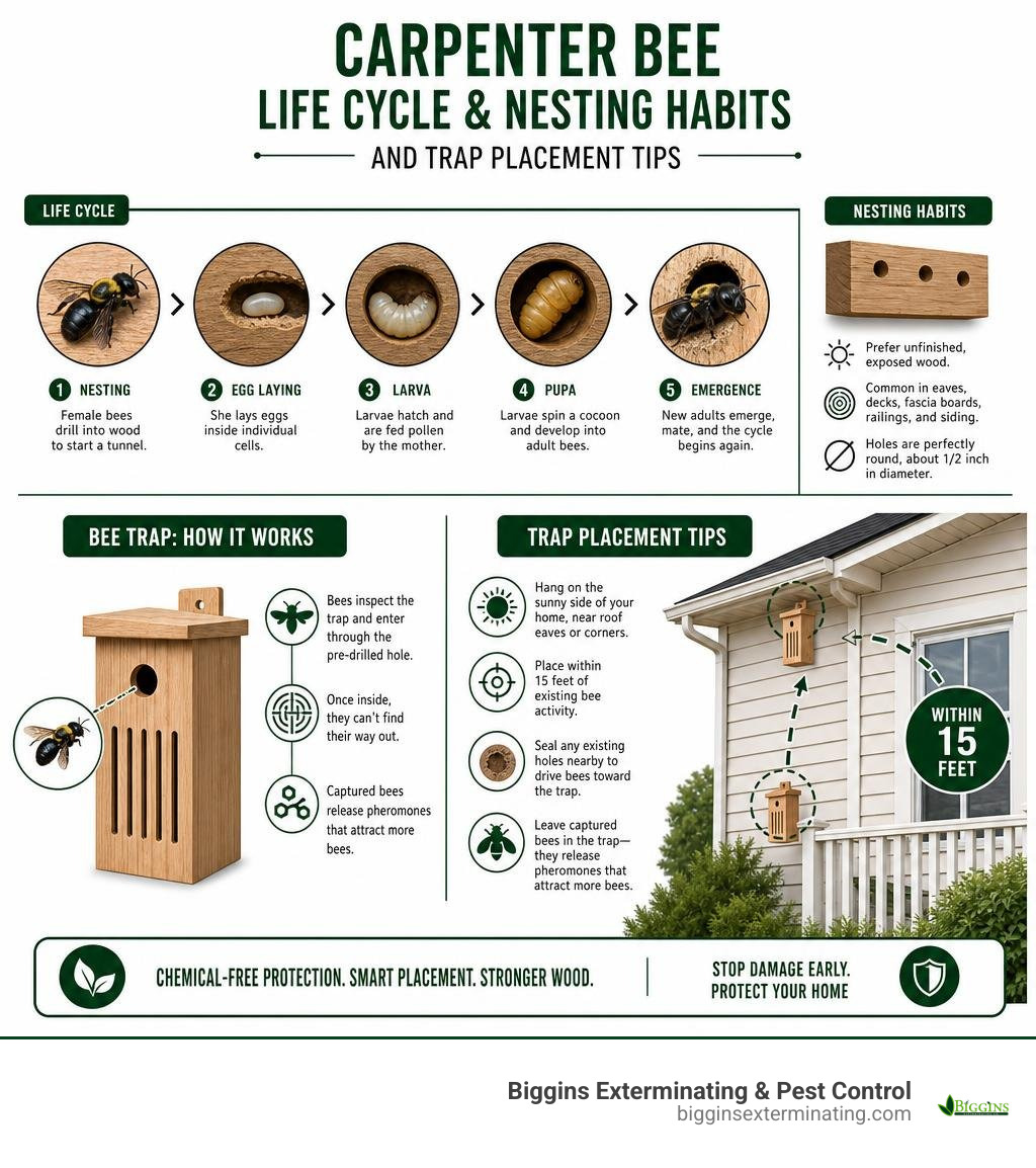 Carpenter bee life cycle and nesting habits infographic with trap placement tips infographic
