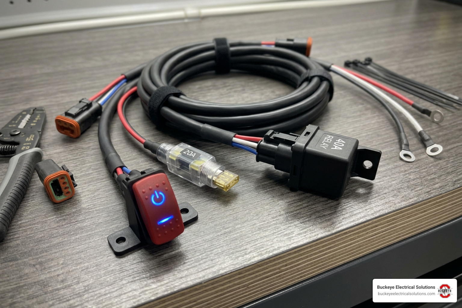 A waterproof wiring harness kit with a built-in relay, inline fuse, and illuminated switch A waterproof wiring harness kit with a built-in relay, inline fuse, and illuminated switch