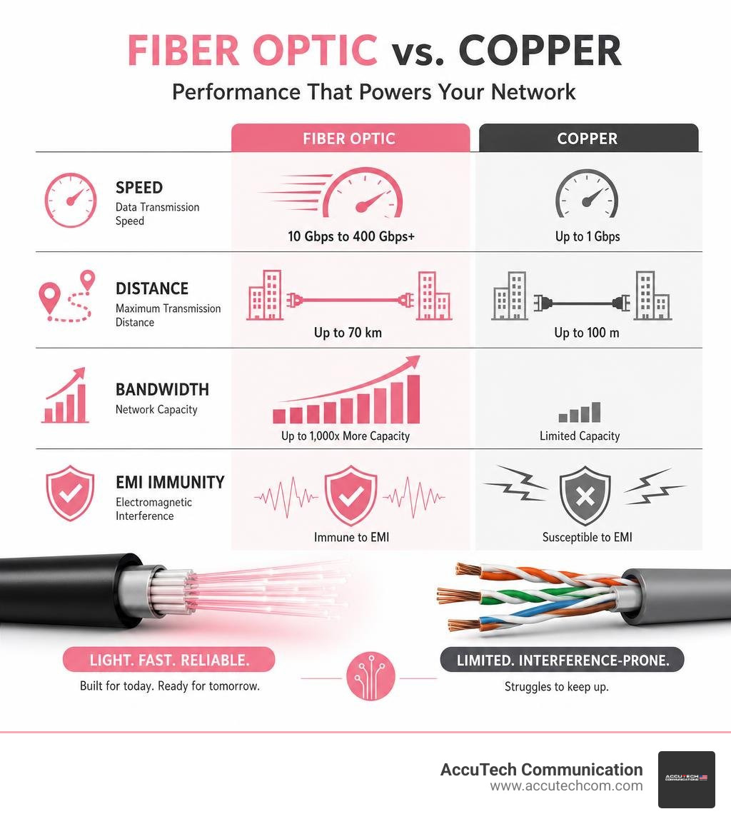Infographic showing fiber optic data transmission speed, distance, bandwidth, and EMI immunity compared to copper infographic