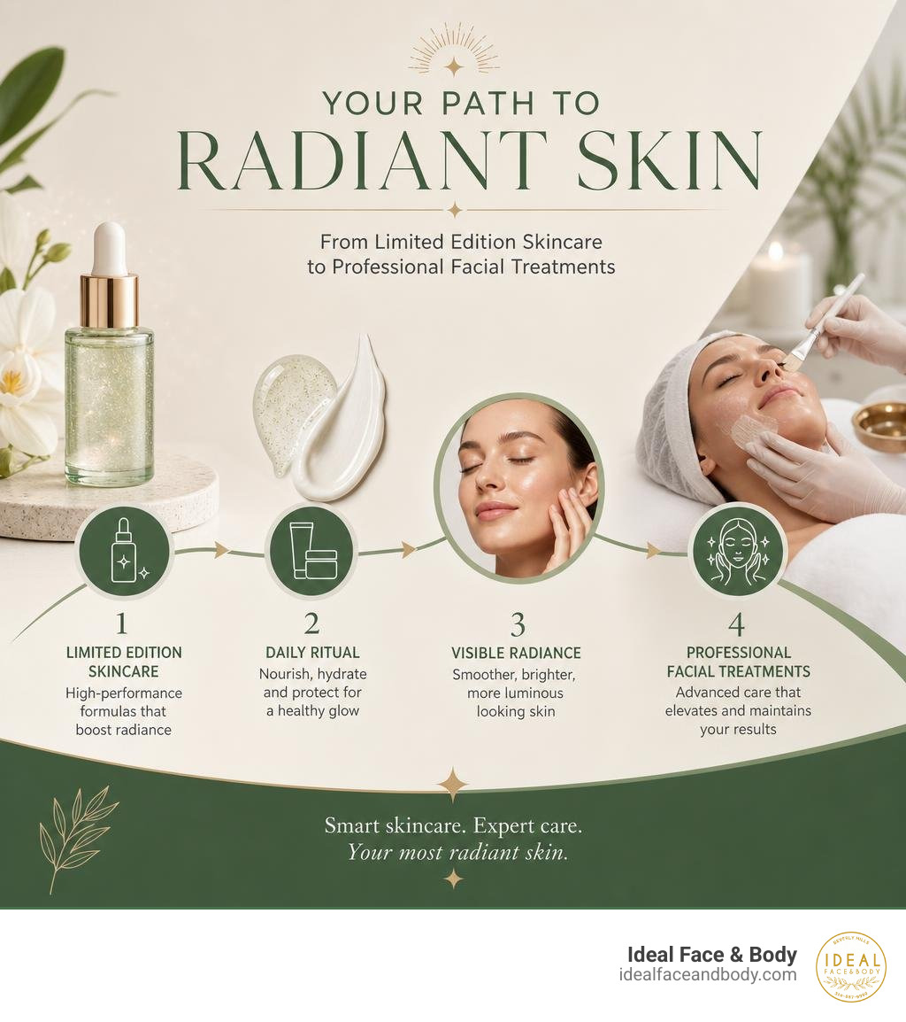 Infographic showing path to radiant skin from limited edition skincare to professional facial treatments infographic Infographic showing path to radiant skin from limited edition skincare to professional facial treatments infographic