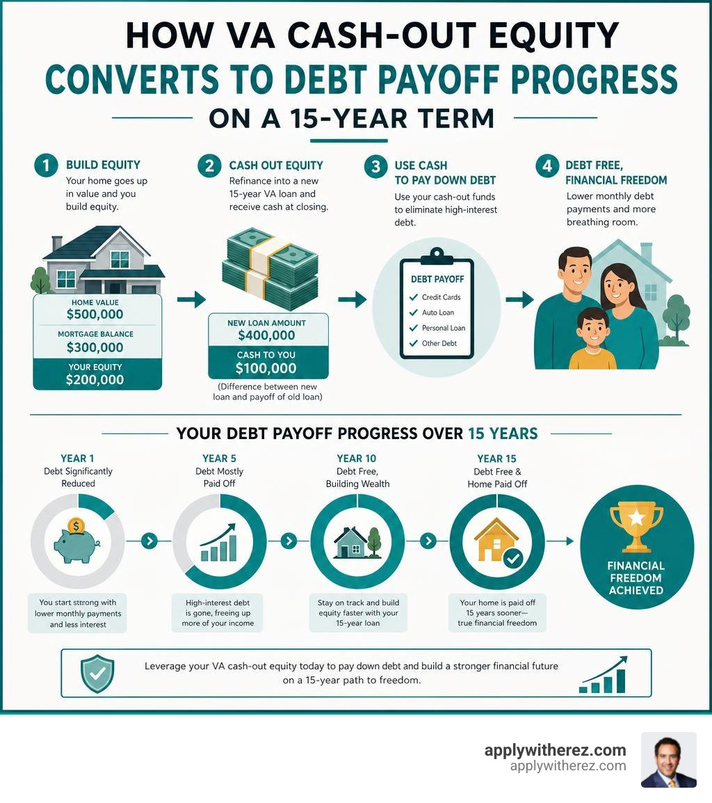 Infographic showing how VA cash-out equity converts to debt payoff progress on a 15-year term infographic
