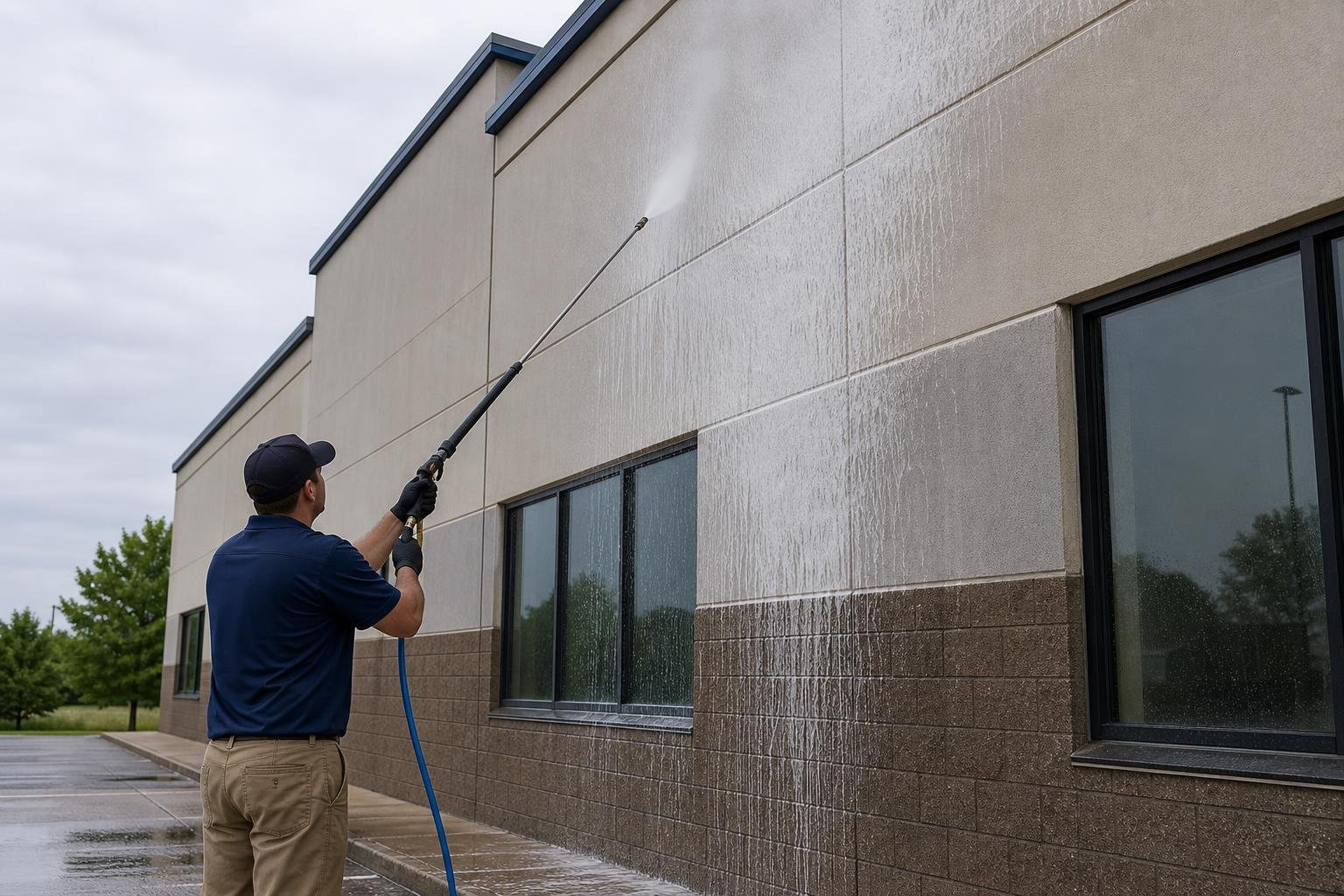 soft washing application on building facade soft washing application on building facade