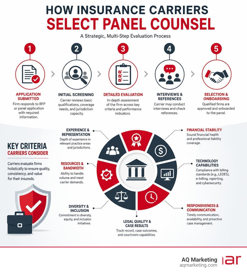 Infographic showing how insurance carriers select panel counsel and the key criteria involved infographic Infographic showing how insurance carriers select panel counsel and the key criteria involved infographic