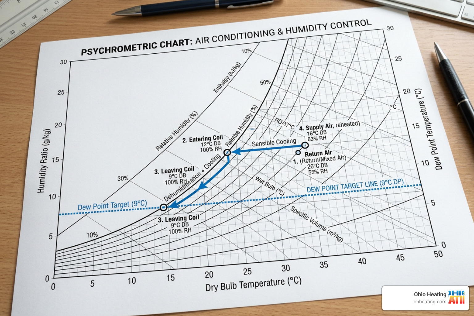 Psychrometric chart showing AC humidity control and dew point target Psychrometric chart showing AC humidity control and dew point target
