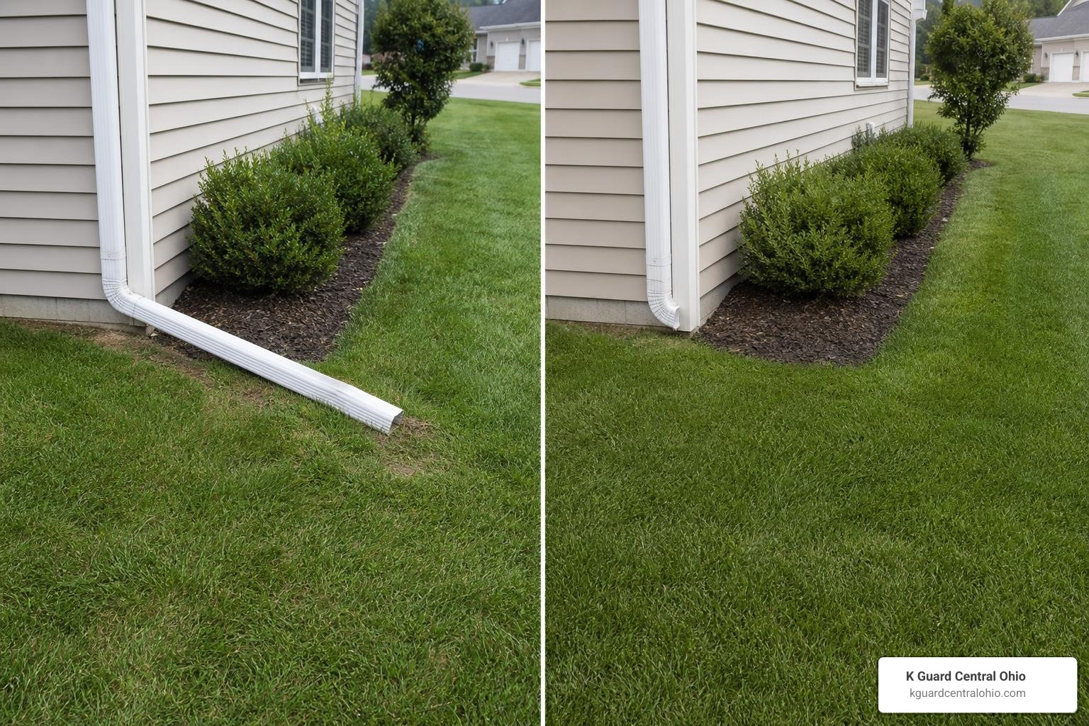 before and after yard visible downspout extension replaced by underground drain