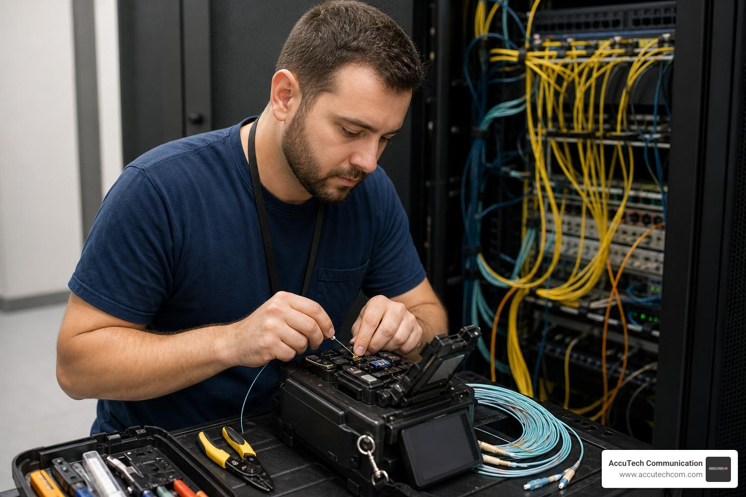 technician splicing fiber optic cable