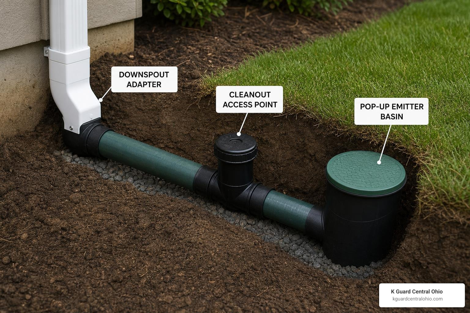 labeled buried downspout drain components adapter pipe cleanout basin emitter