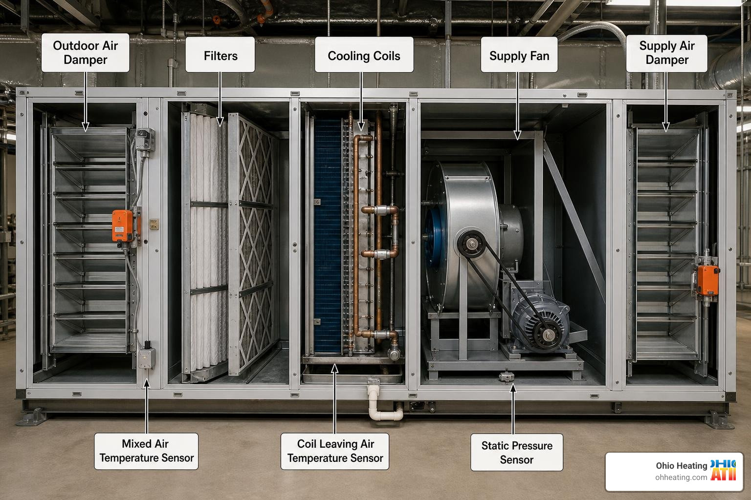 Diagram of a standard air handling unit showing cooling coils, filters, dampers, fan, and sensors Diagram of a standard air handling unit showing cooling coils, filters, dampers, fan, and sensors
