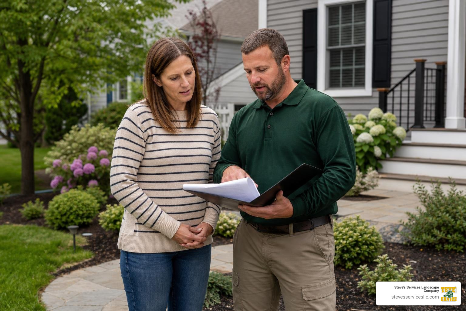 Landscaper reviewing a written estimate with a Burlington MA homeowner