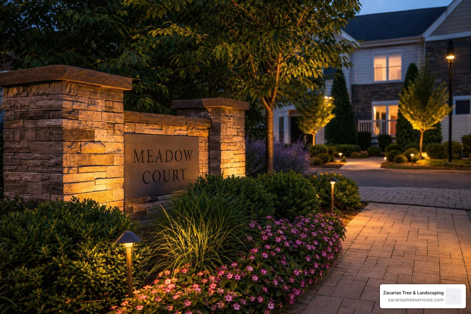 A shared property entrance with stone signage, layered plantings, and low-voltage lighting A shared property entrance with stone signage, layered plantings, and low-voltage lighting