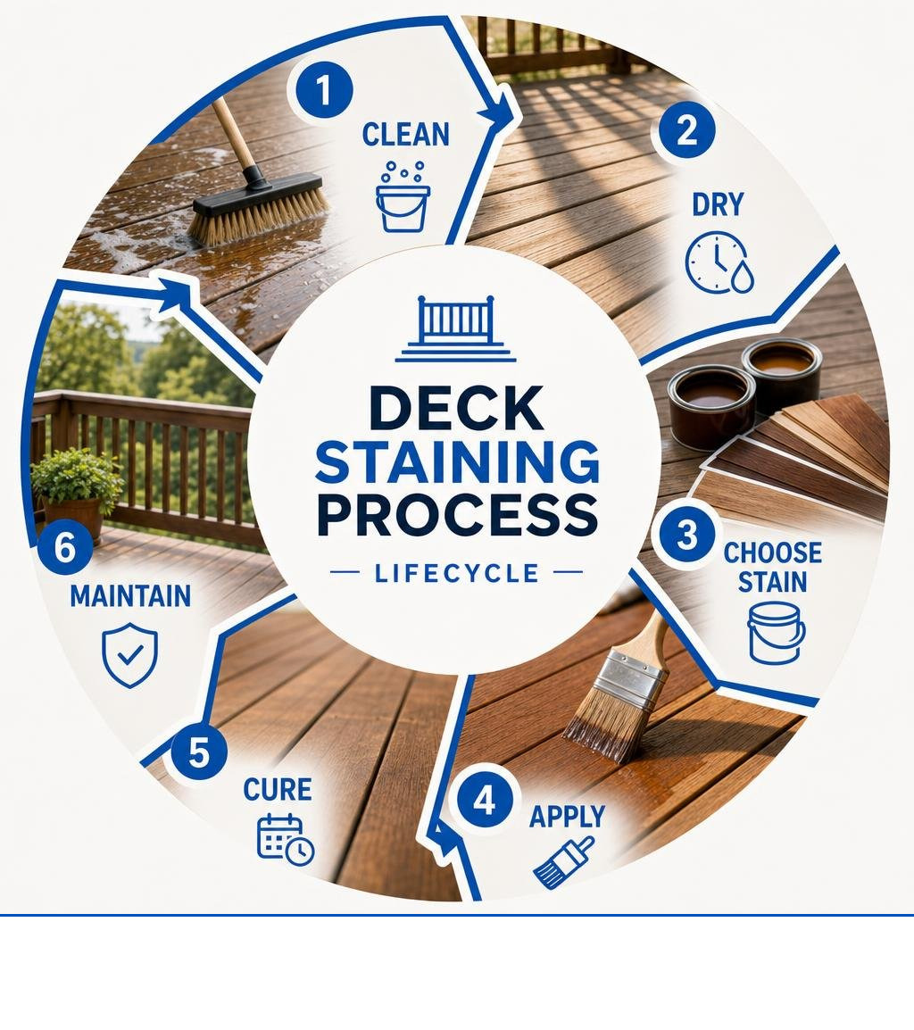 Deck staining process lifecycle infographic: clean, dry, choose stain, apply, cure, maintain infographic Deck staining process lifecycle infographic: clean, dry, choose stain, apply, cure, maintain infographic