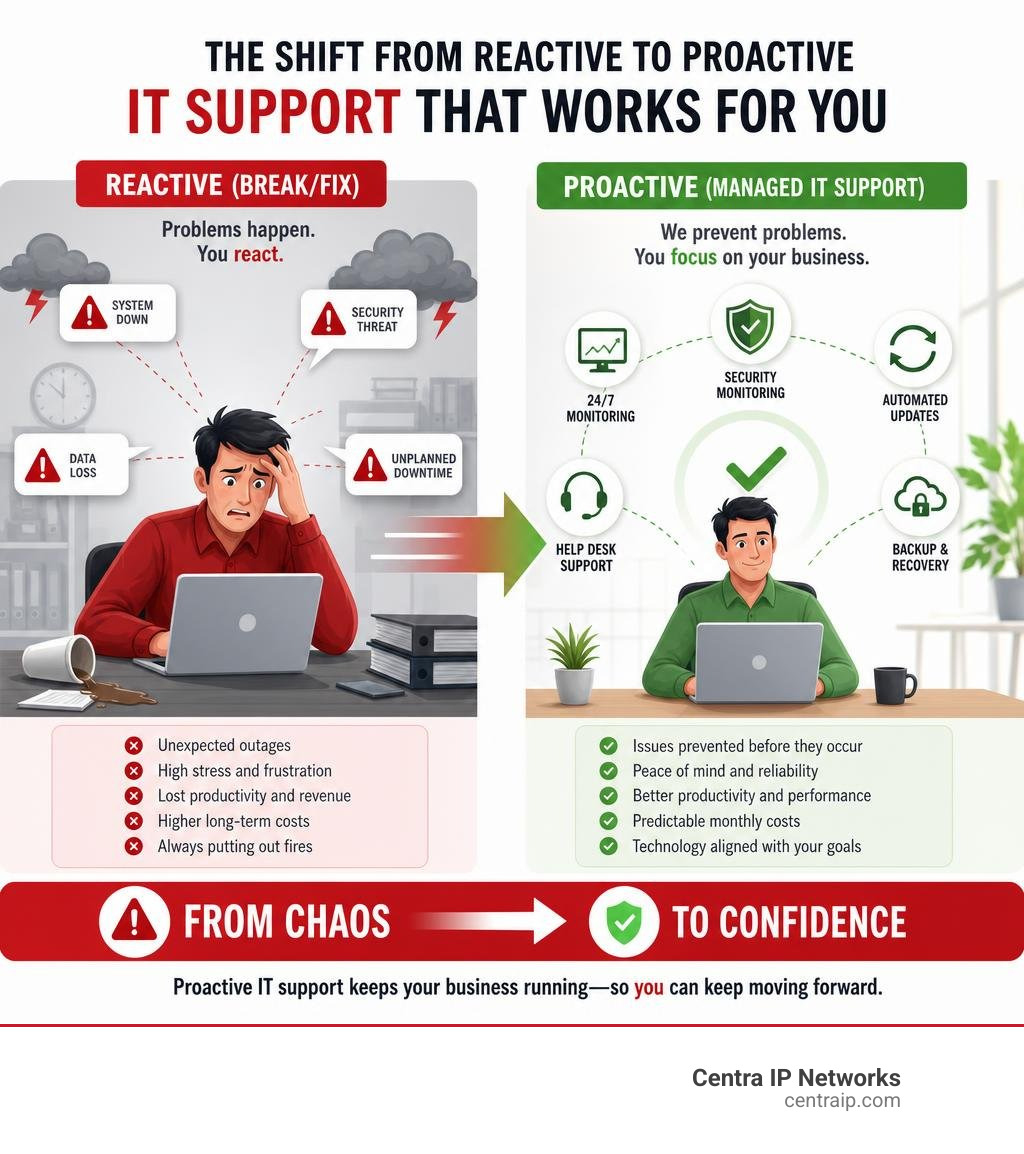 Infographic showing the shift from reactive break/fix IT to proactive managed IT support model infographic Infographic showing the shift from reactive break/fix IT to proactive managed IT support model infographic