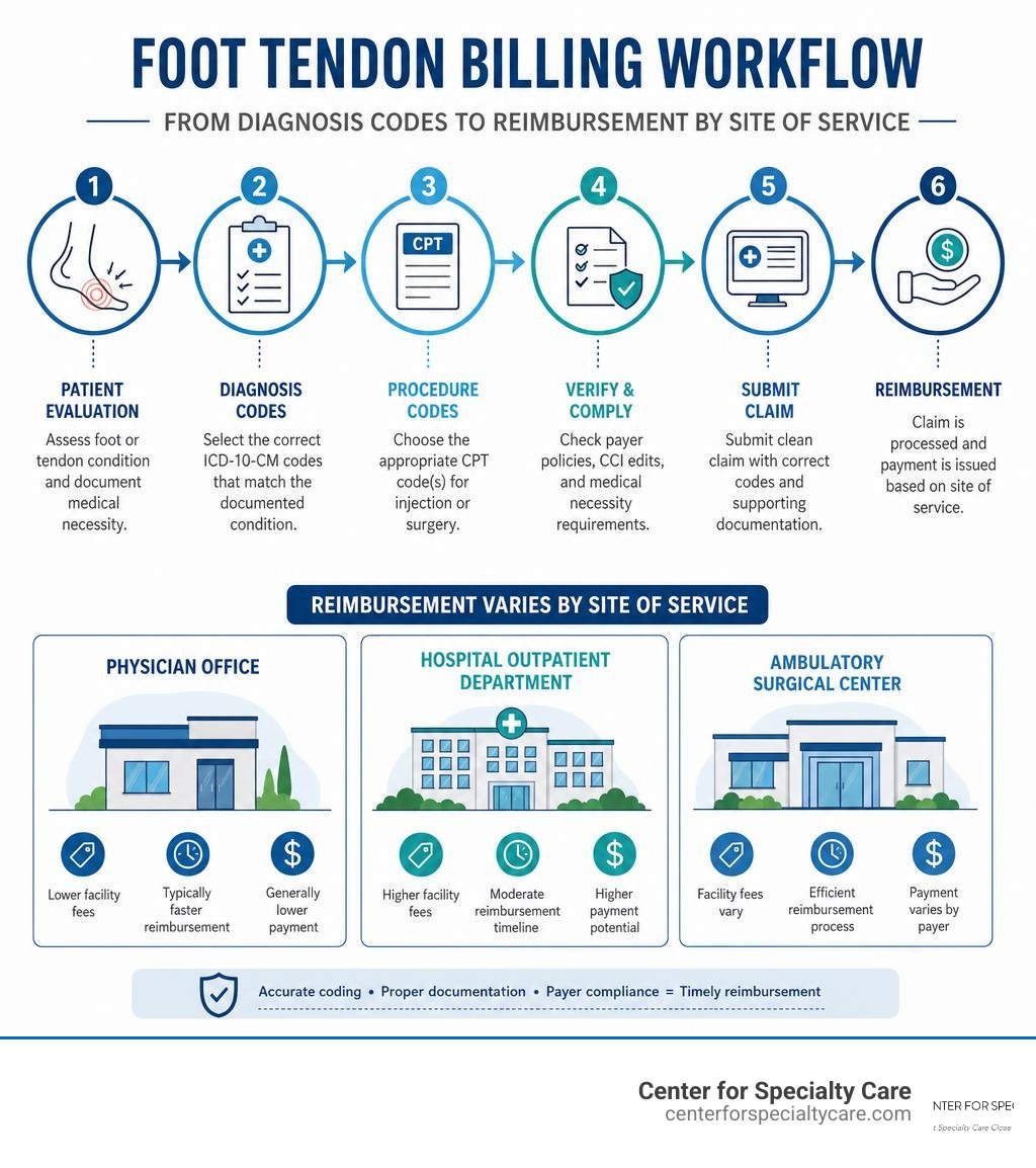 Foot tendon billing workflow from diagnosis codes to reimbursement by site of service infographic Foot tendon billing workflow from diagnosis codes to reimbursement by site of service infographic