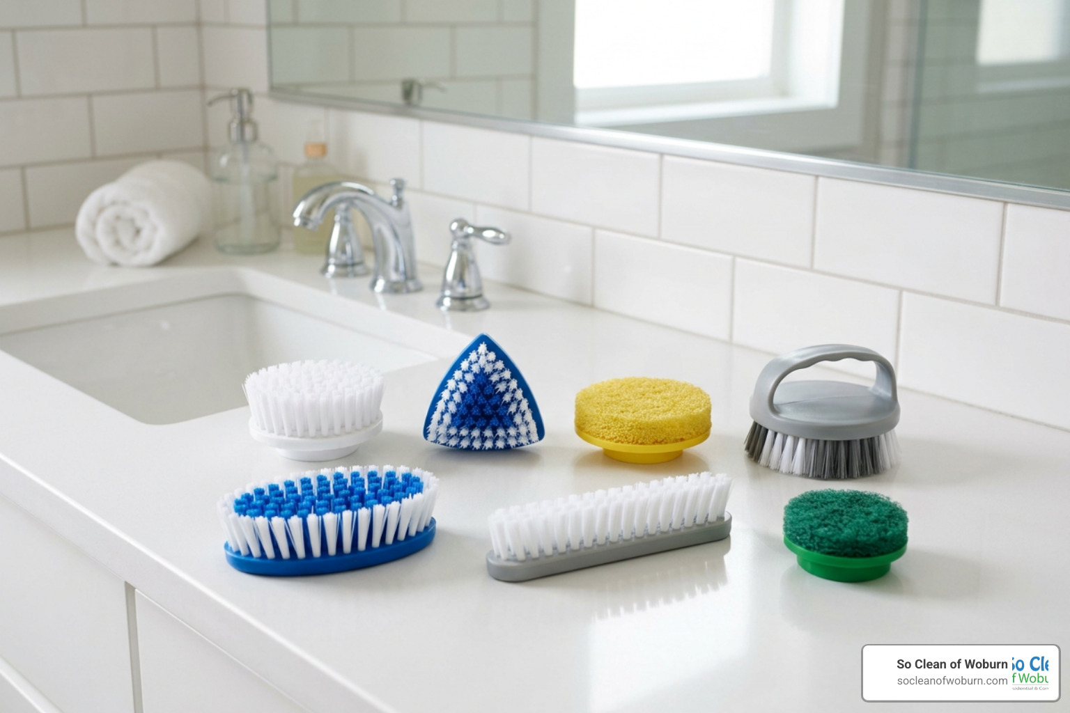 Different types of scrubber brush heads laid out on a clean bathroom counter Different types of scrubber brush heads laid out on a clean bathroom counter