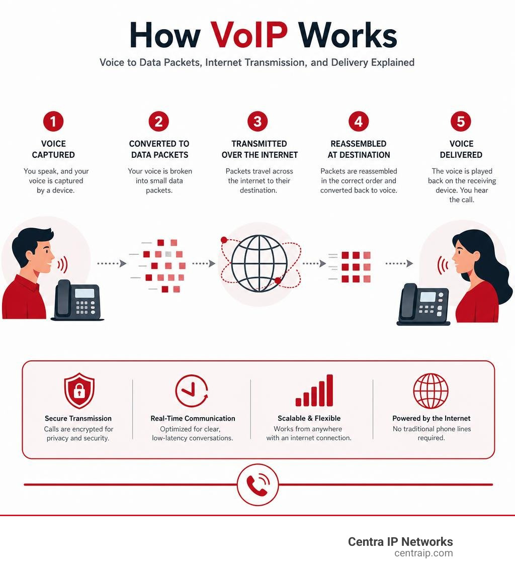 How VoIP works: voice to data packets, internet transmission, and delivery explained infographic How VoIP works: voice to data packets, internet transmission, and delivery explained infographic