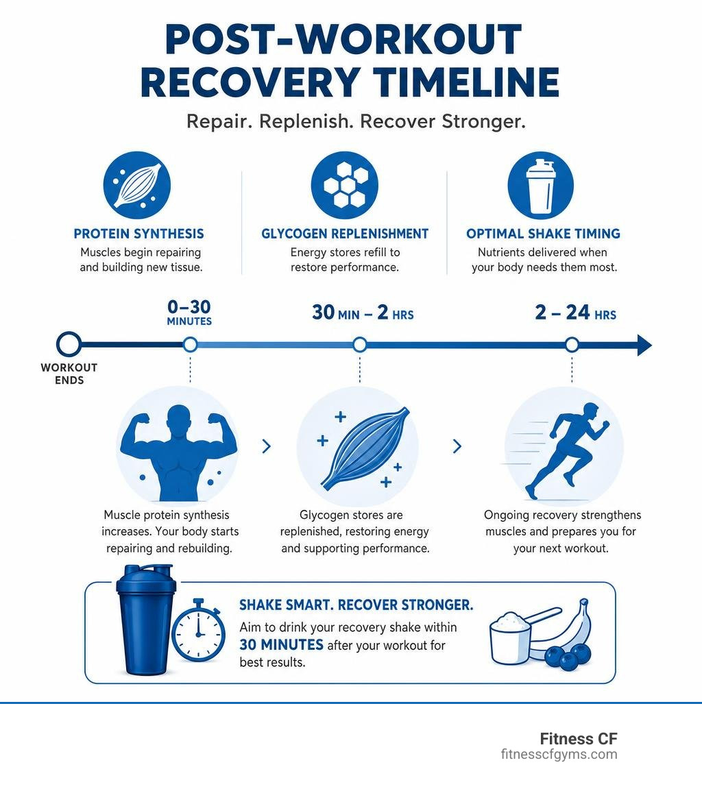 Post-workout recovery timeline showing protein synthesis, glycogen replenishment, and optimal shake timing infographic Post-workout recovery timeline showing protein synthesis, glycogen replenishment, and optimal shake timing infographic