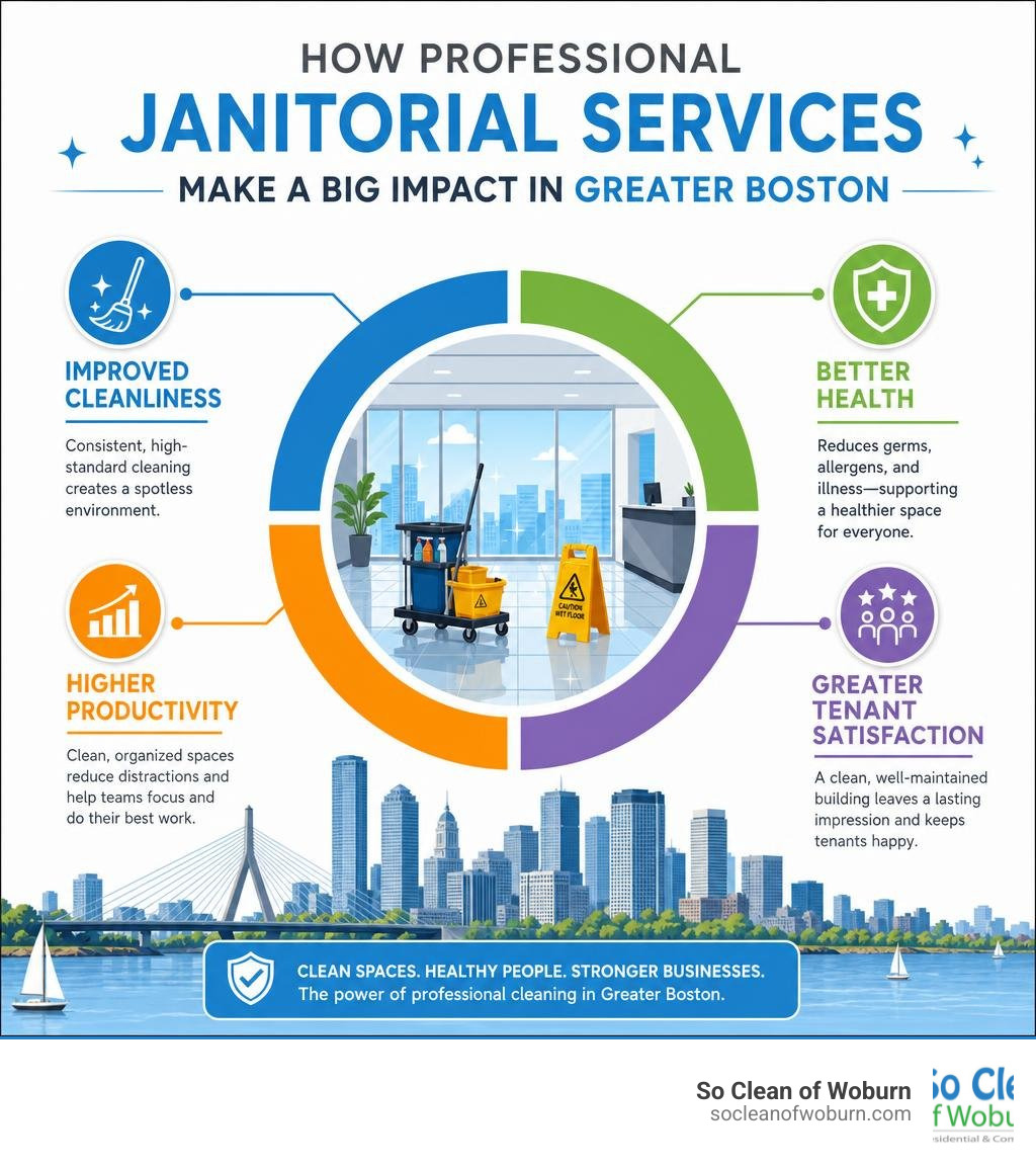 Infographic showing how professional janitorial services improve cleanliness, health, productivity, and tenant satisfaction Infographic showing how professional janitorial services improve cleanliness, health, productivity, and tenant satisfaction