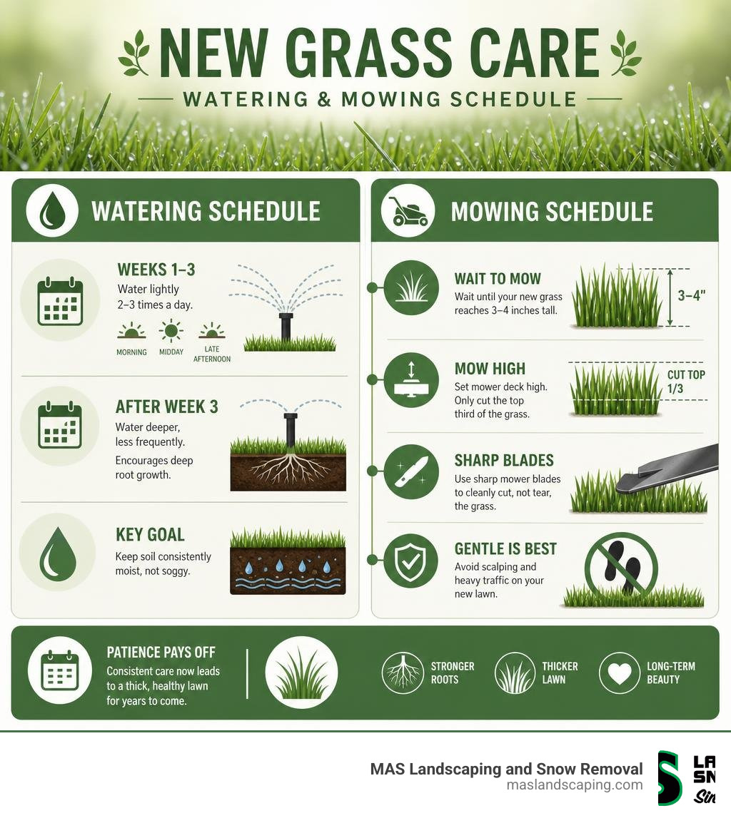 Infographic detailing watering and mowing schedule for new grass infographic Infographic detailing watering and mowing schedule for new grass infographic
