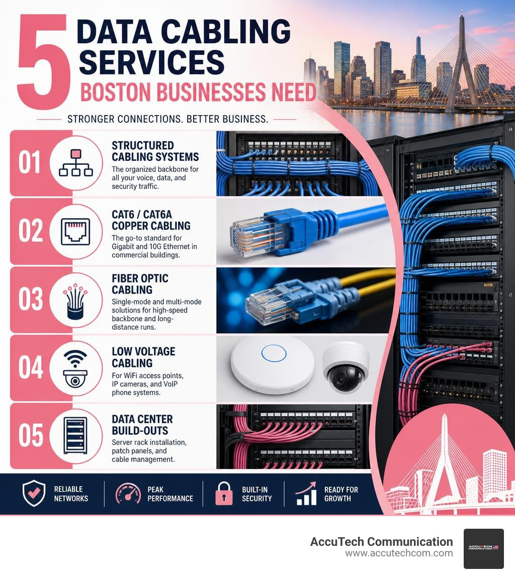 Infographic showing the 5 key data cabling services Boston businesses need with structured cabling components infographic
