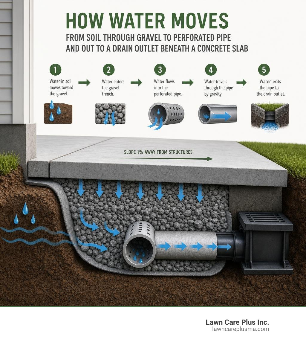 How water moves from soil through gravel to perforated pipe and out to a drain outlet beneath a concrete slab infographic How water moves from soil through gravel to perforated pipe and out to a drain outlet beneath a concrete slab infographic