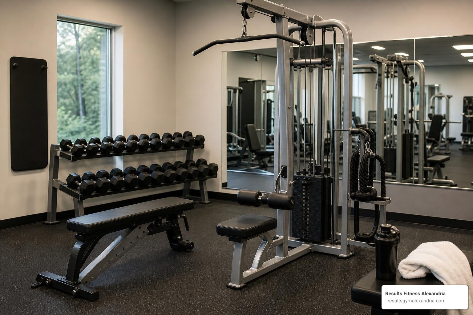 Beginner-friendly back workout station with dumbbells and cable machine Beginner-friendly back workout station with dumbbells and cable machine