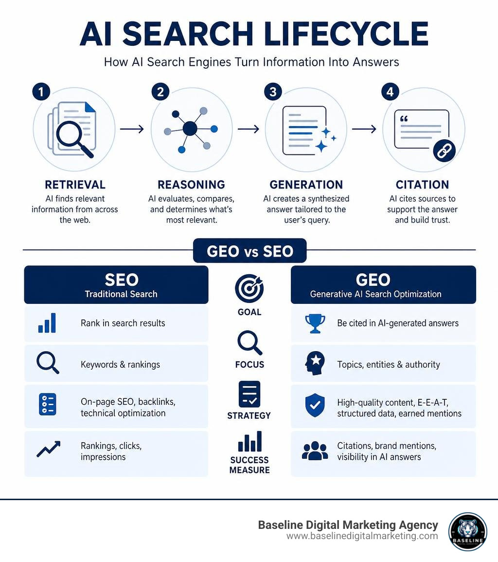 AI search lifecycle infographic showing retrieval, reasoning, generation, and citation stages with GEO vs SEO comparison AI search lifecycle infographic showing retrieval, reasoning, generation, and citation stages with GEO vs SEO comparison