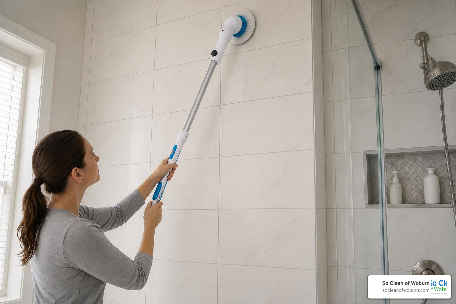 The Hoto Electric Spin Scrubber being used to clean high bathroom wall tiles without a ladder The Hoto Electric Spin Scrubber being used to clean high bathroom wall tiles without a ladder
