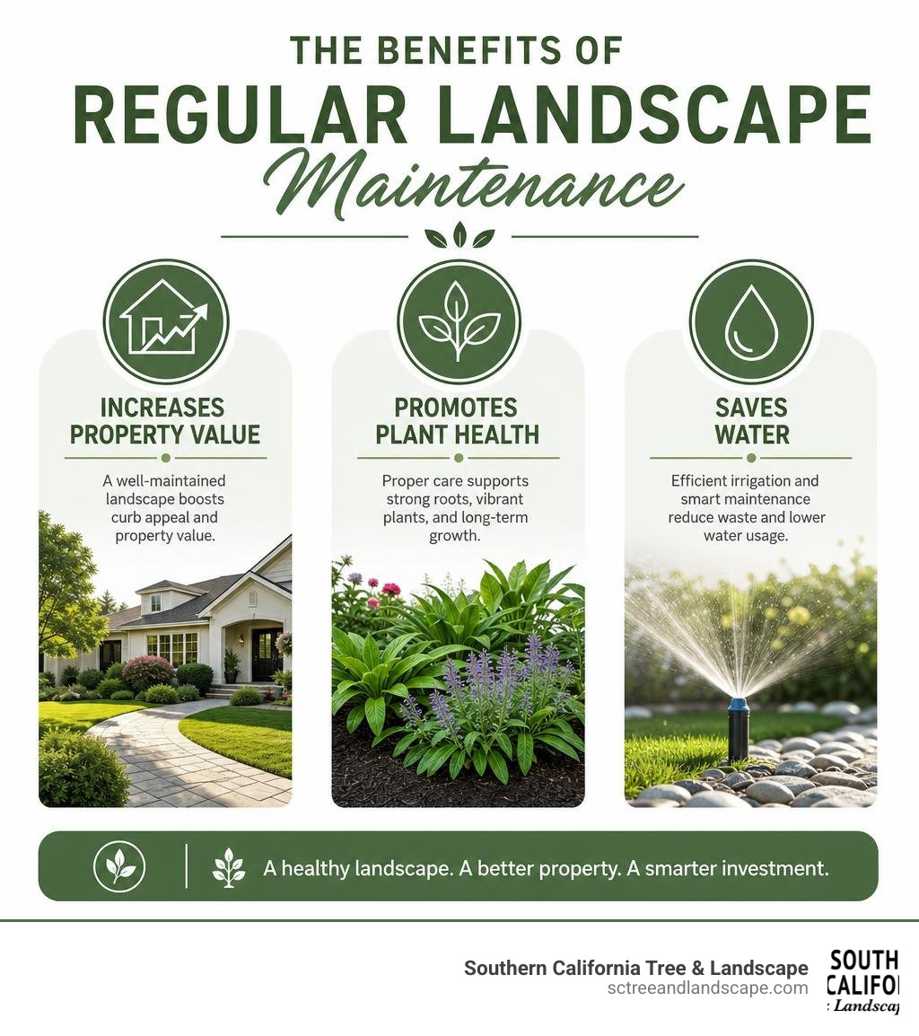 infographic showing benefits of regular landscape maintenance including property value, plant health, and water savings infographic showing benefits of regular landscape maintenance including property value, plant health, and water savings