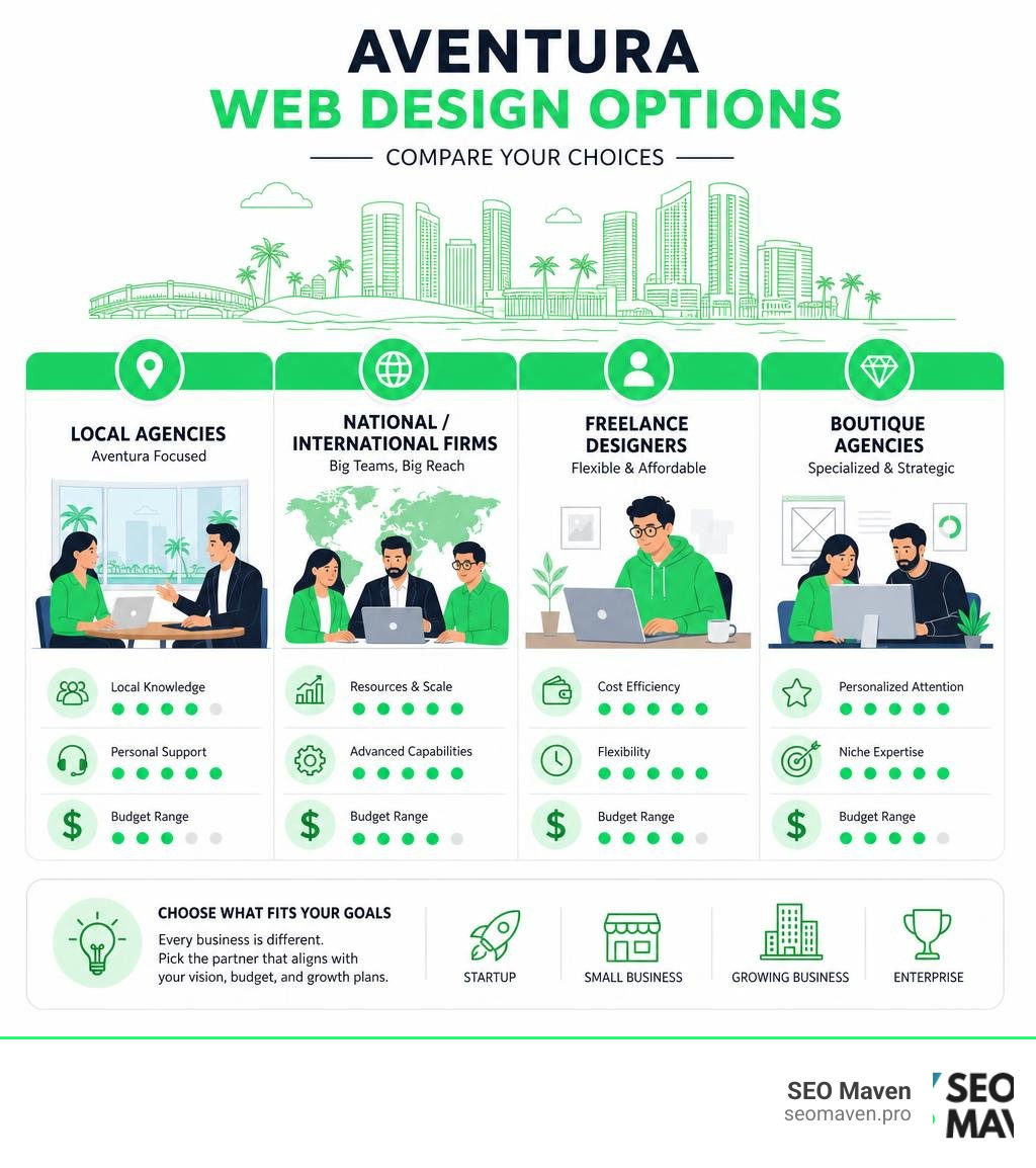 Aventura web design options comparison infographic: local agencies, national firms, freelancers, boutique agencies Aventura web design options comparison infographic: local agencies, national firms, freelancers, boutique agencies