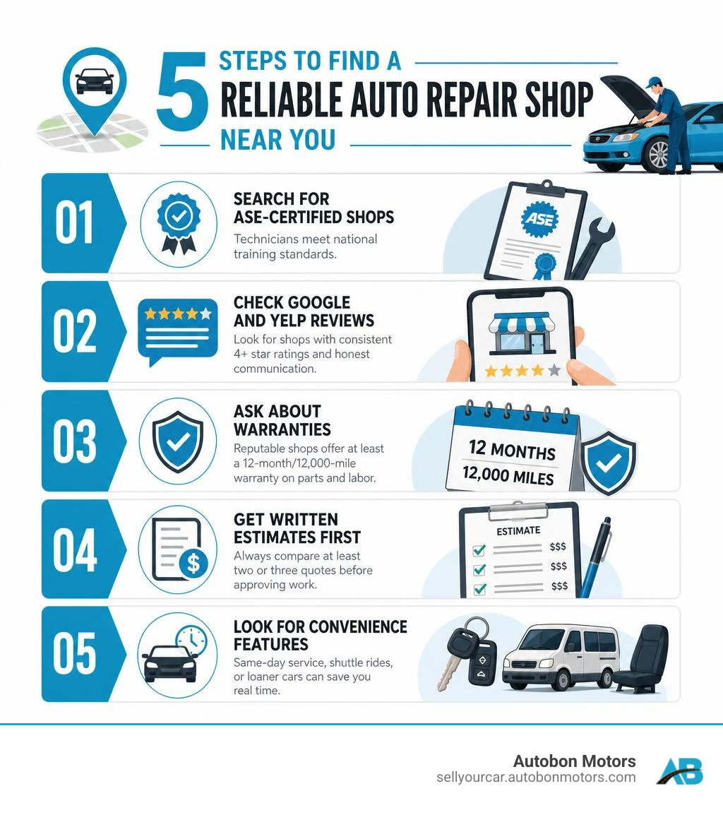 Infographic: 5 steps to find a reliable auto repair shop near you infographic