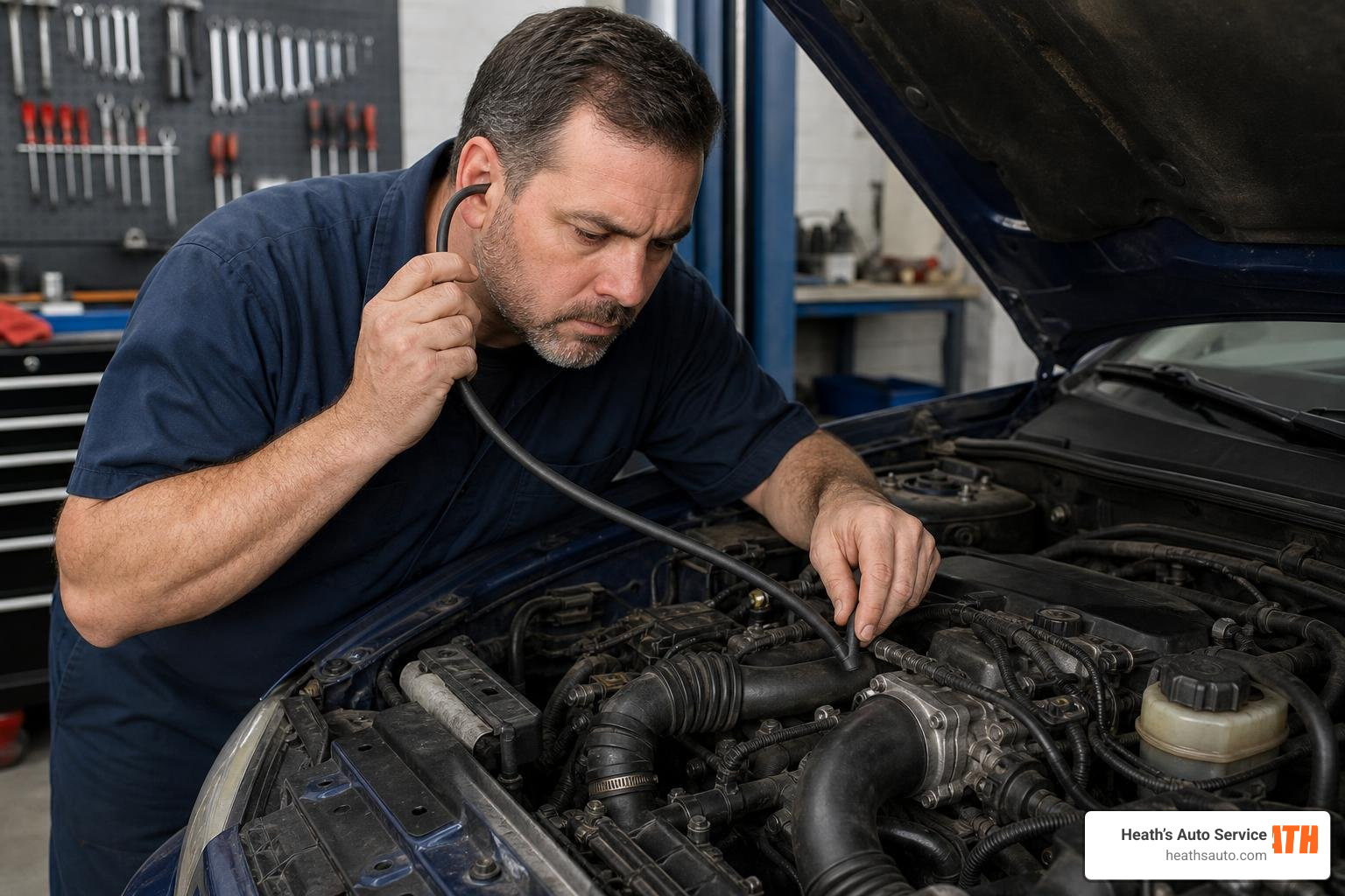 mechanic using a rubber hose as a stethoscope to listen for engine vacuum leaks mechanic using a rubber hose as a stethoscope to listen for engine vacuum leaks