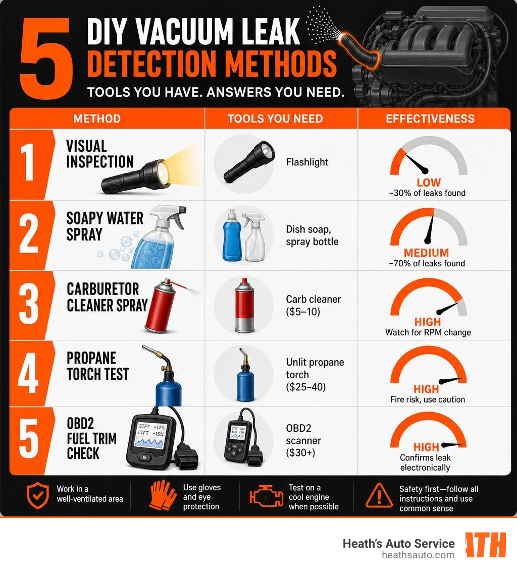 Infographic showing 5 DIY vacuum leak detection methods with tools needed and effectiveness ratings infographic Infographic showing 5 DIY vacuum leak detection methods with tools needed and effectiveness ratings infographic