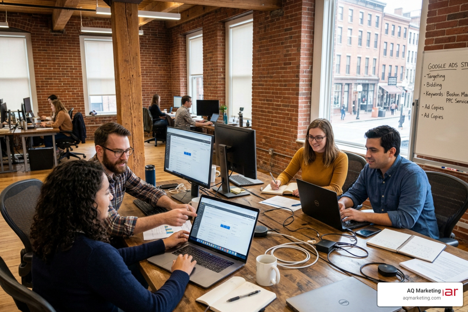 A digital marketing team in a brick-and-beam Boston office collaborating on a Google Ads campaign