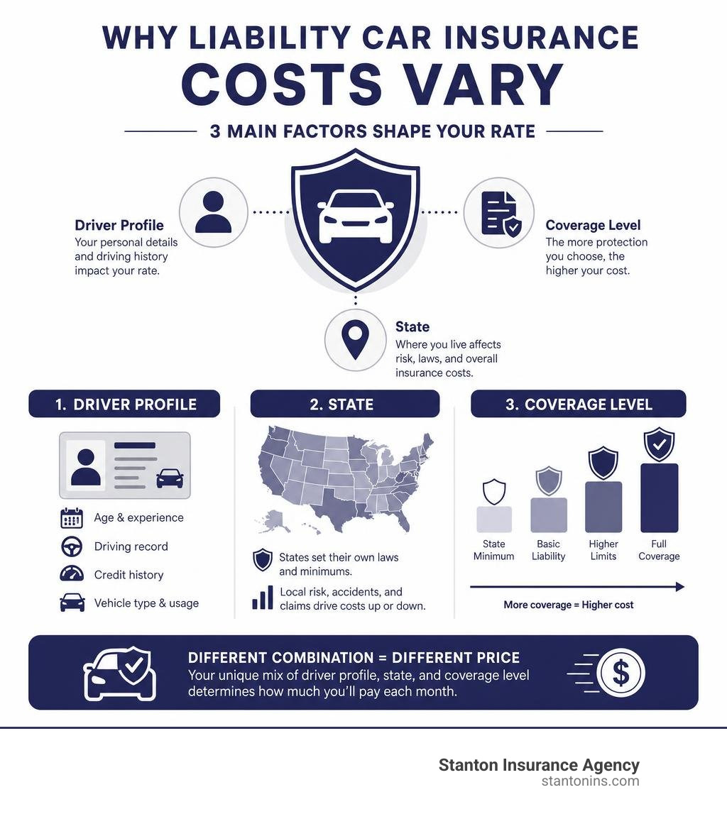Infographic showing why liability car insurance costs vary by driver profile, state, and coverage level infographic Infographic showing why liability car insurance costs vary by driver profile, state, and coverage level infographic