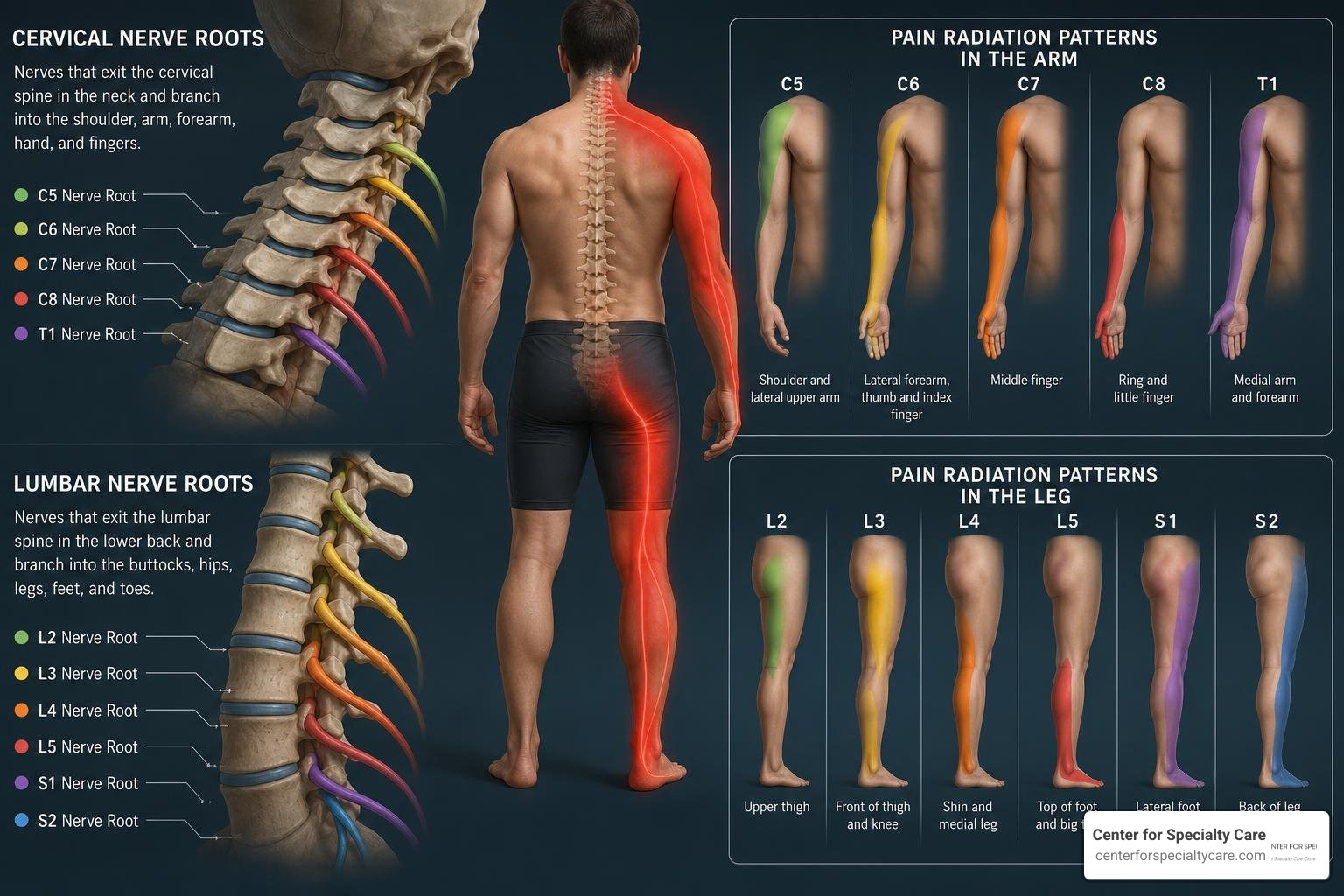 cervical and lumbar nerve roots causing arm and leg radiating pain