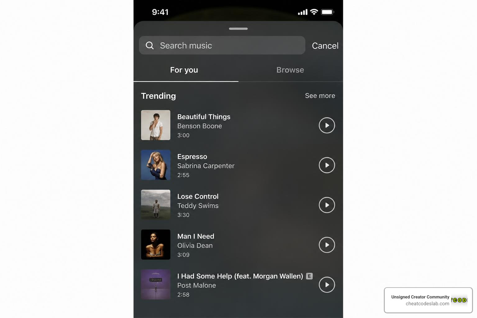 Instagram Music sticker selection screen showing trending songs Instagram Music sticker selection screen showing trending songs