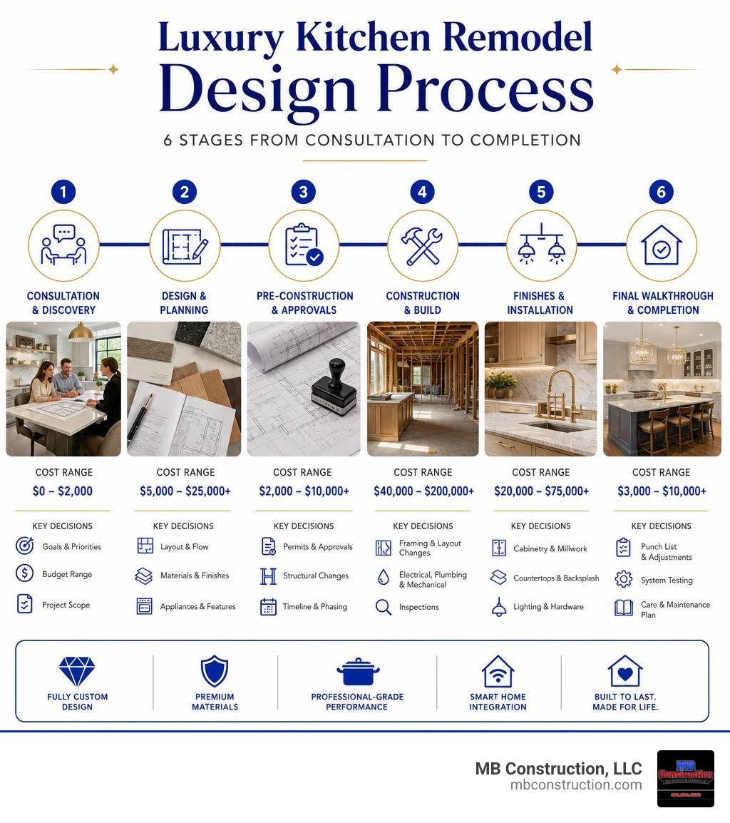 Luxury kitchen remodel design process infographic: 6 stages from consultation to completion with cost ranges and key Luxury kitchen remodel design process infographic: 6 stages from consultation to completion with cost ranges and key