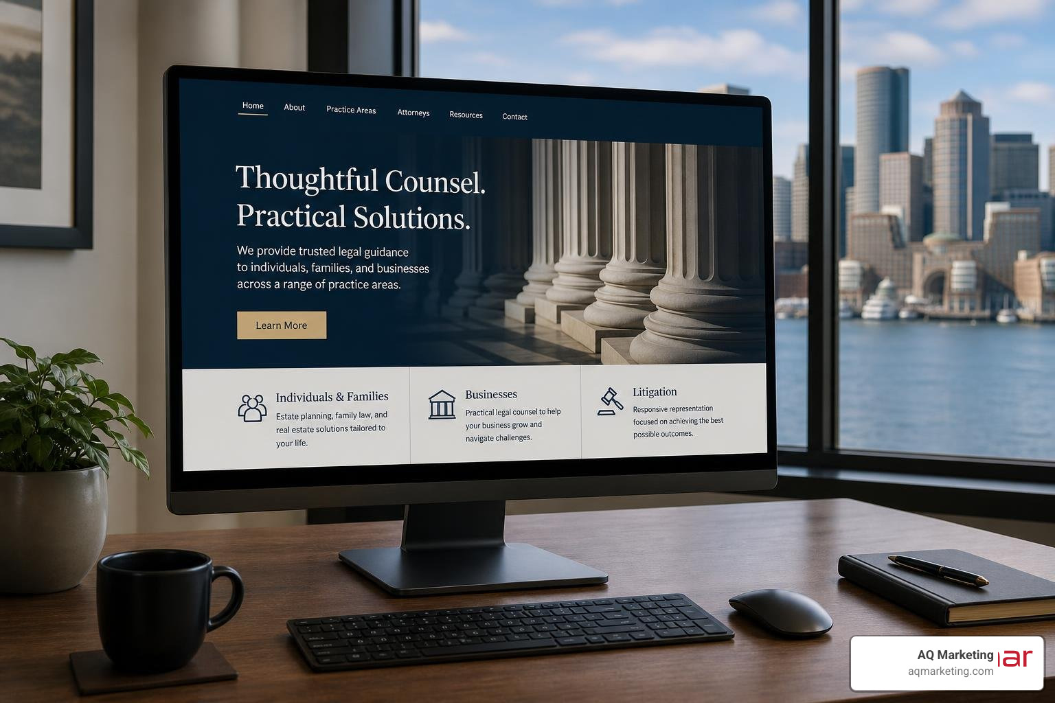 A clean, modern law firm website showing a Boston skyline background on a sleek desktop monitor A clean, modern law firm website showing a Boston skyline background on a sleek desktop monitor