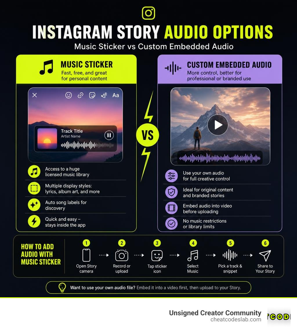Instagram Story audio options infographic: Music Sticker vs Custom Embedded Audio comparison infographic Instagram Story audio options infographic: Music Sticker vs Custom Embedded Audio comparison infographic