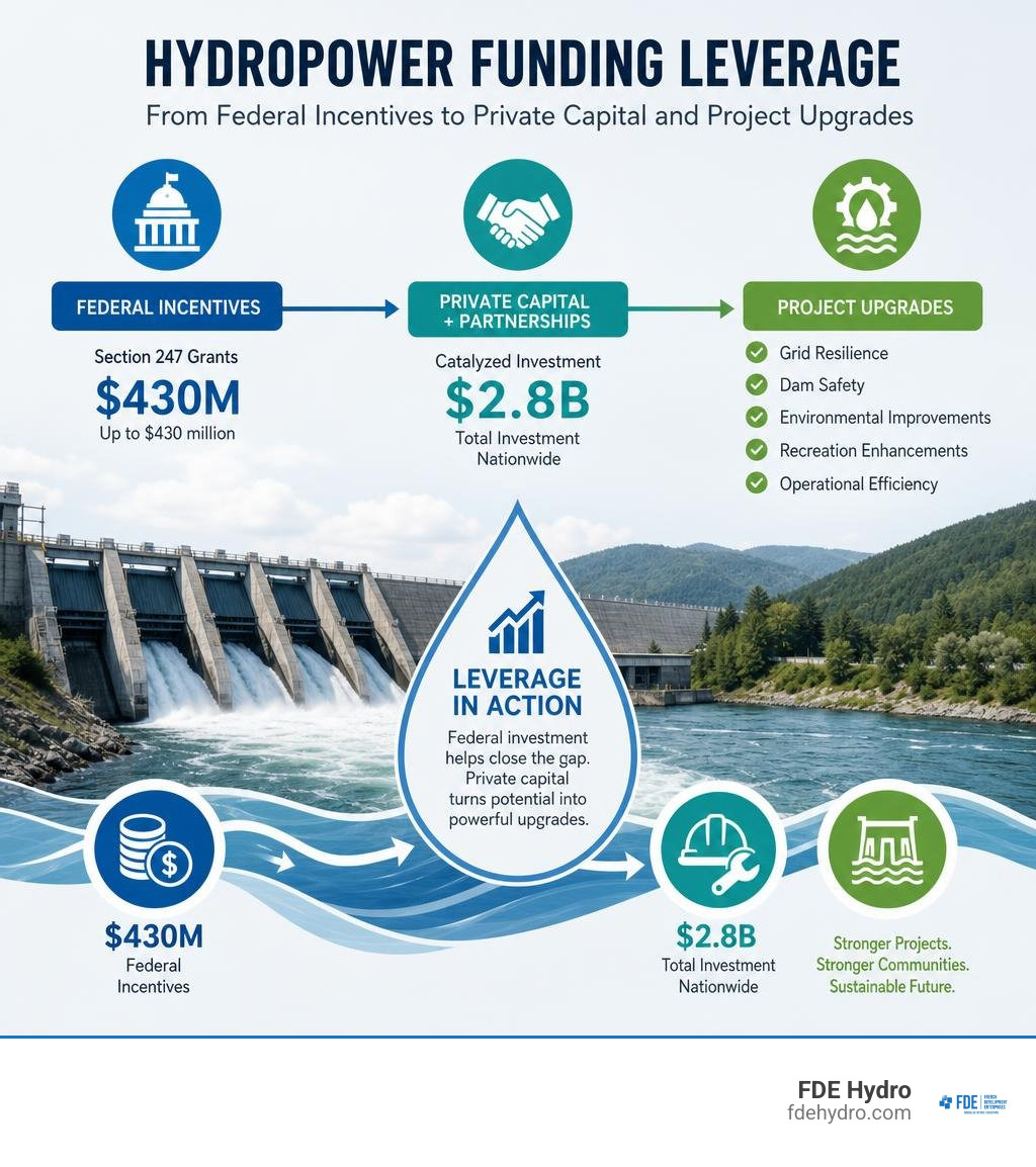Hydropower funding leverage from federal incentives to private capital and project upgrades infographic