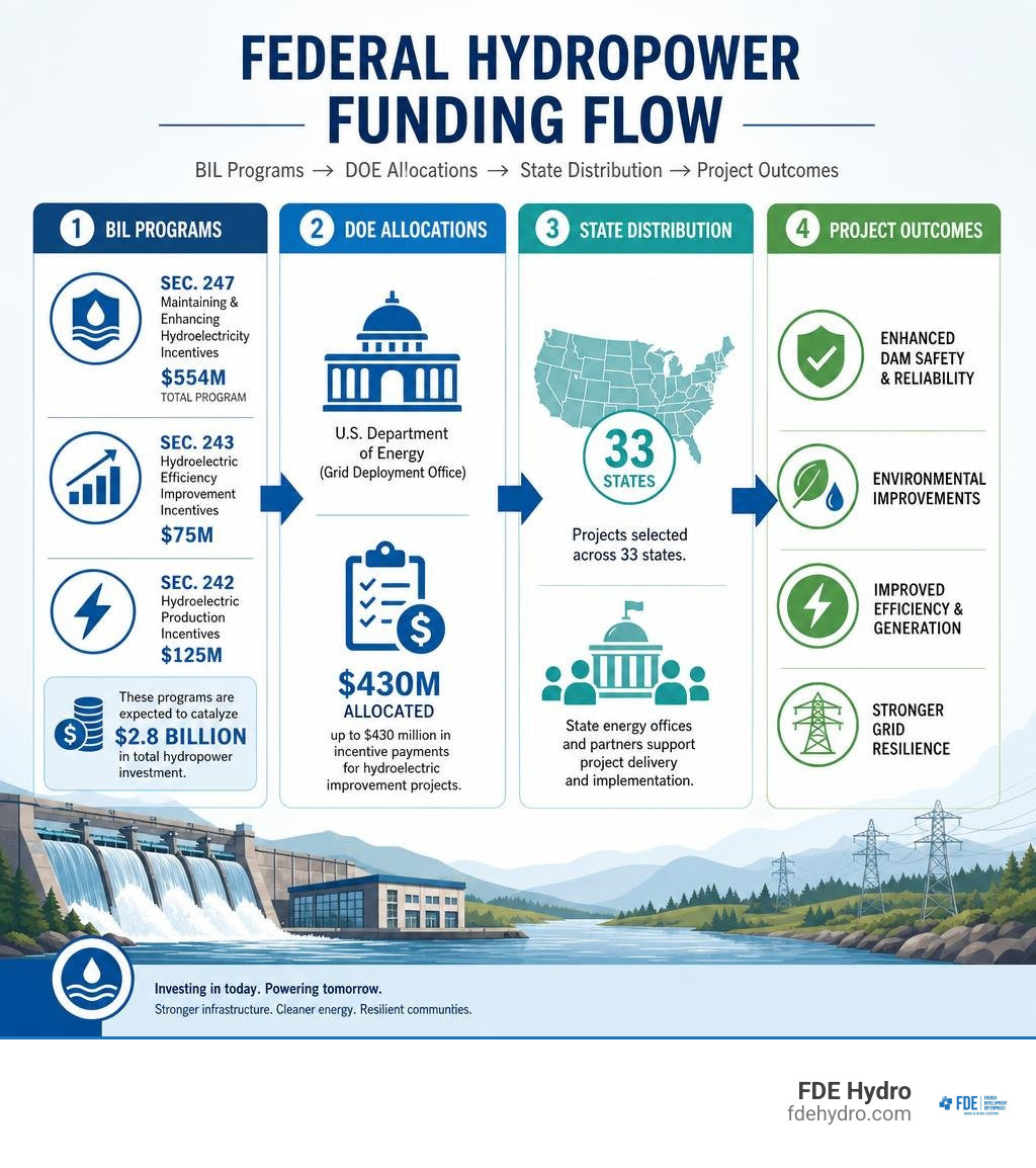 Federal hydropower funding flow: BIL programs, DOE allocations, state distribution, and project outcomes infographic