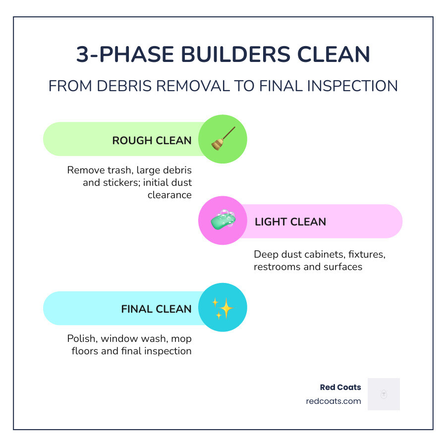 Infographic: 3-phase commercial builders clean process from rough debris removal to final polish and inspection infographic