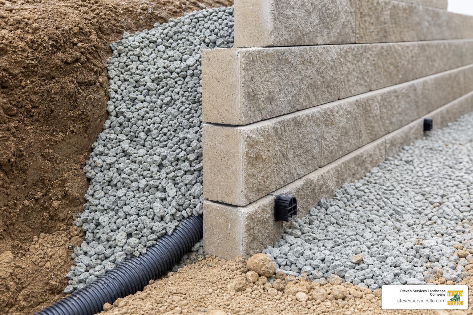 Retaining wall drainage system installation showing gravel backfill and weep holes Retaining wall drainage system installation showing gravel backfill and weep holes