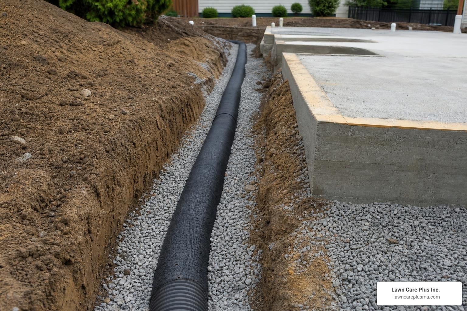 French drain trench with fabric pipe and gravel before concrete slab placement French drain trench with fabric pipe and gravel before concrete slab placement