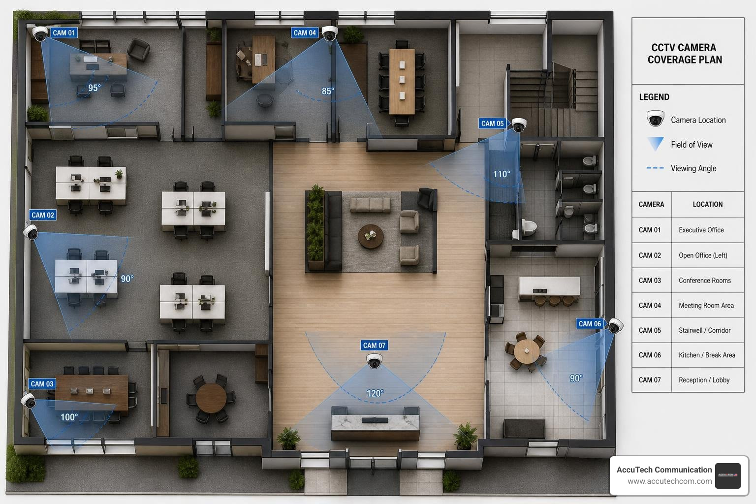 commercial CCTV floor plan with coverage zones commercial CCTV floor plan with coverage zones