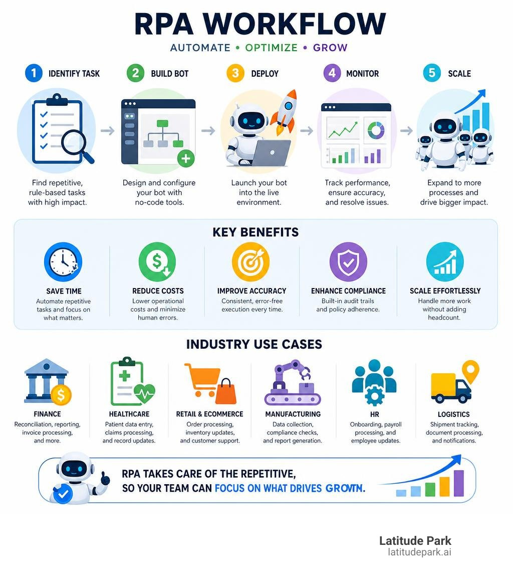 Infographic showing RPA workflow: identify task, build bot, deploy, monitor, scale — with key benefits and industry use Infographic showing RPA workflow: identify task, build bot, deploy, monitor, scale — with key benefits and industry use