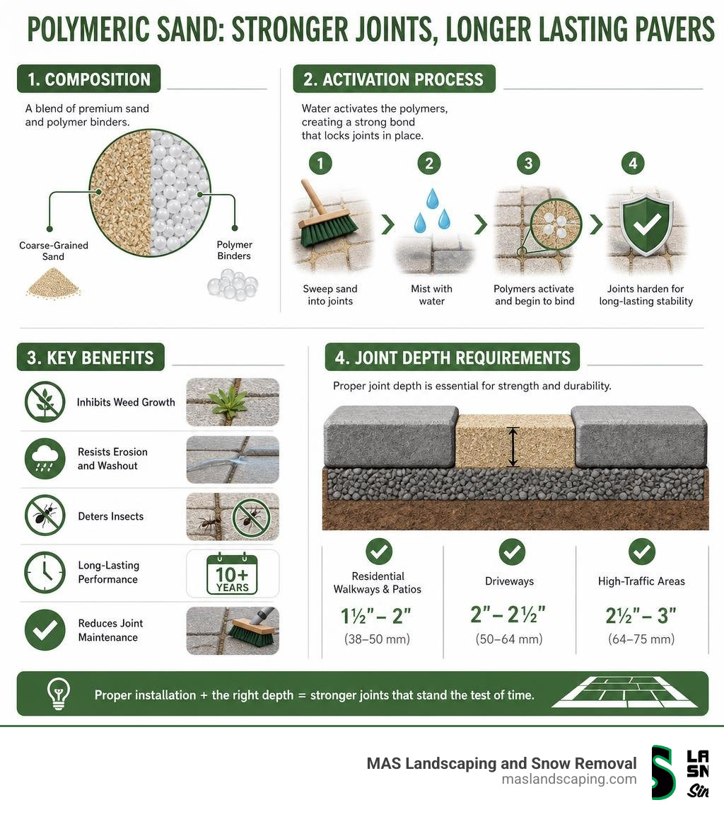 Infographic showing polymeric sand composition, activation process, key benefits, and joint depth requirements infographic