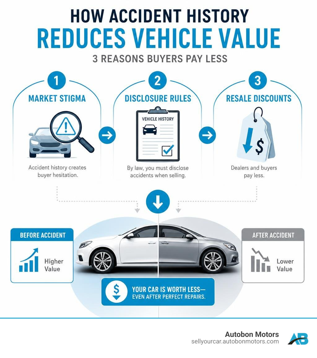 Infographic showing how accident history reduces vehicle value through market stigma, disclosure rules, and resale discounts