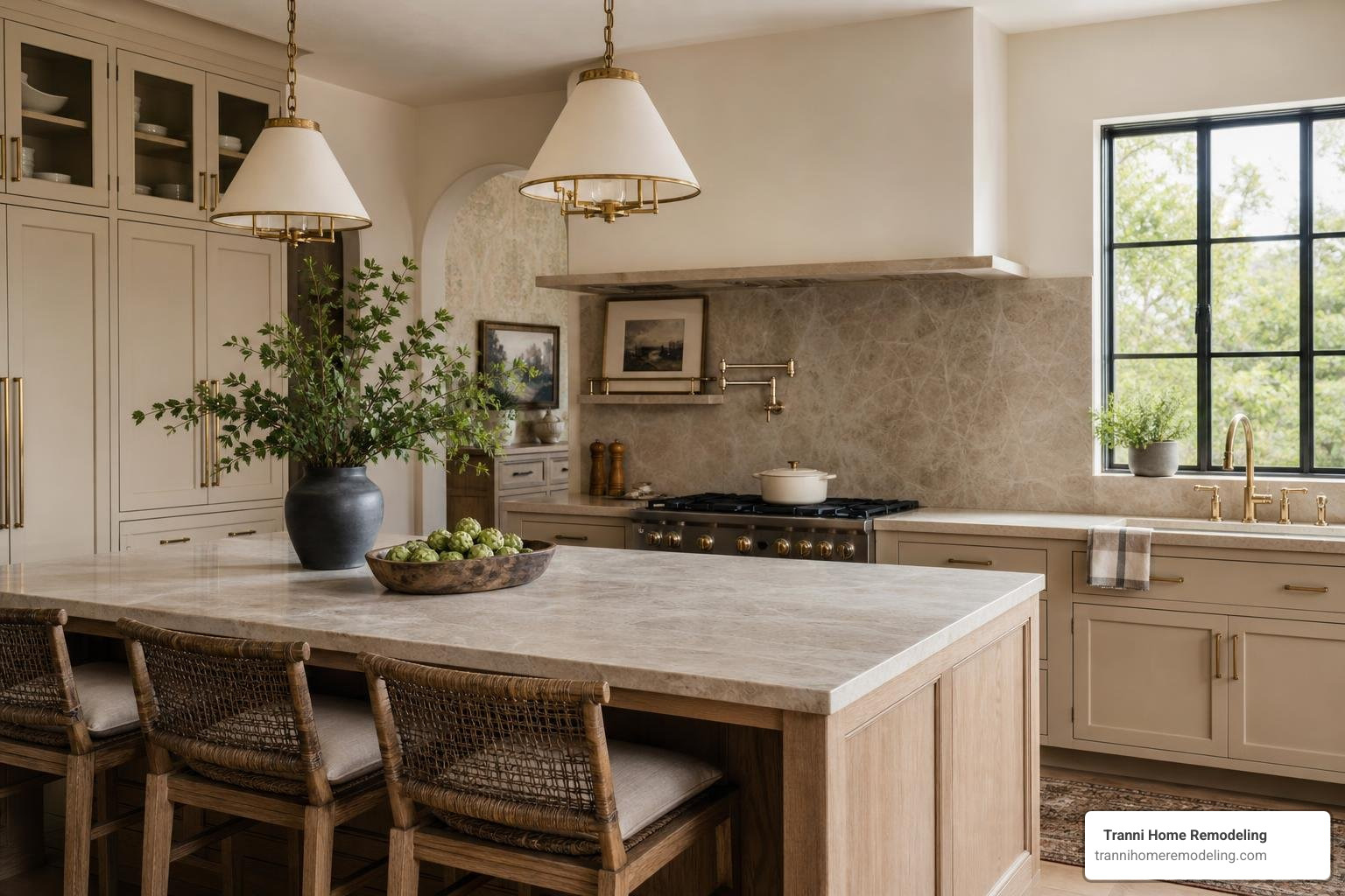 Warm minimalist kitchen design featuring natural stone countertops and mixed metal hardware